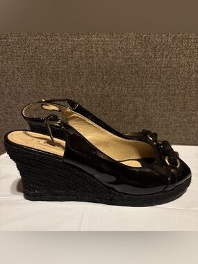 Talbots Black Patent Leather Sling Back Heels Sz 10 Platform Wedge Shoes Party